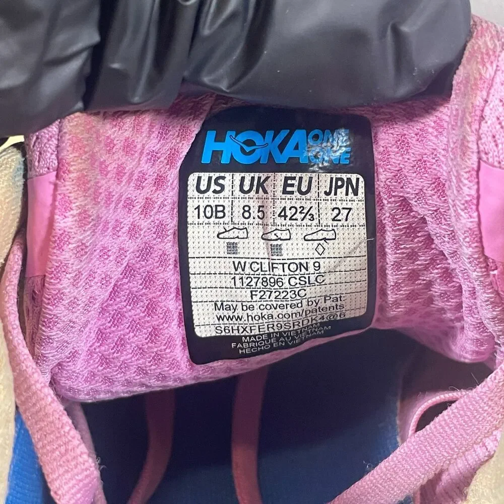 Hoka Clifton 9 Womens Size 10 B Pink Blue Athletic Sneakers Running Shoes